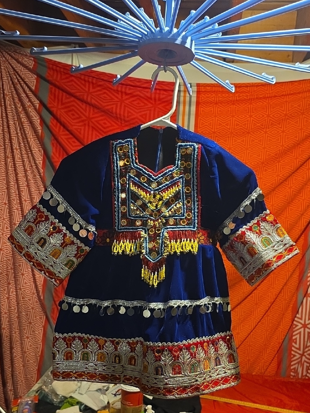 Embroidered Navy Blue AFGHAN Ethnic Tunic with Silver Coin Trim